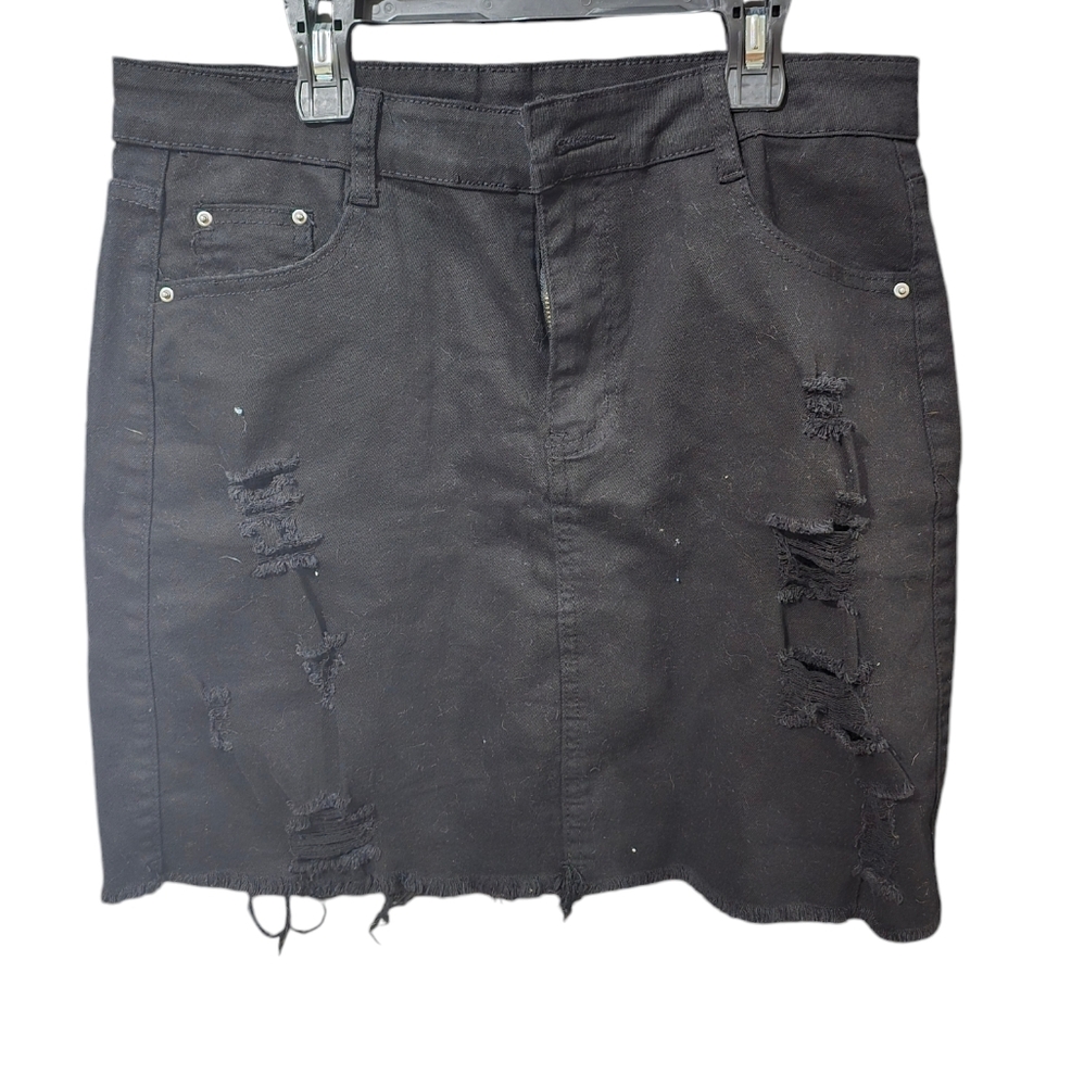 Black stretch distressed jeans skirt